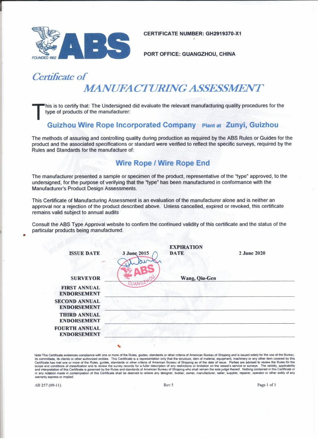 Guizhou Wire Rope Incorporated CompanyABS CERT